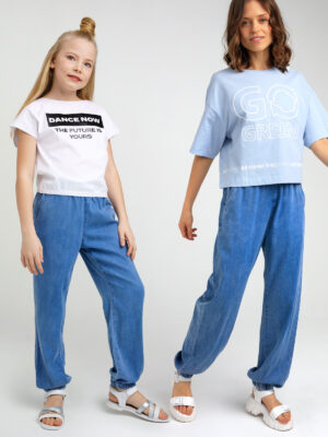 Брюки текстильные джинсовые для девочек PlayToday Tween голубой Размеры 152